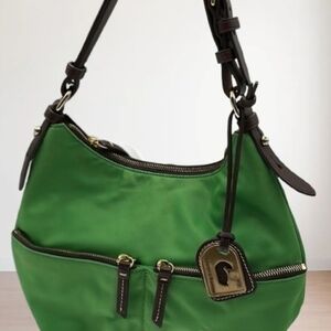 Dooney& Bourke Kelly Green Nylon &  Brown Leather Trim Hobo Bag